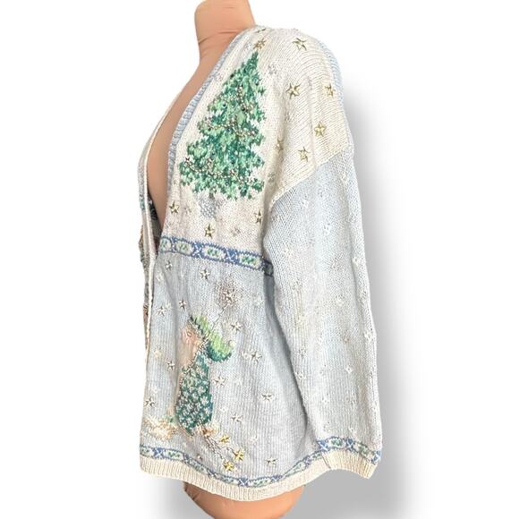 Vintage 90s Marisa Christina Christmas Pastel Blue Knit Cardigan Sweater Plus 2X - Picture 5 of 16